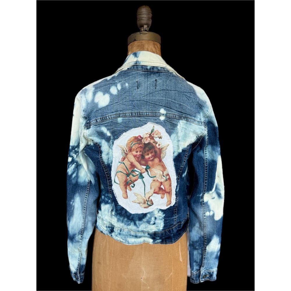 Upcycled Denim Jacket Cherub Patch‎ Cropped Medium Boho Folk Art